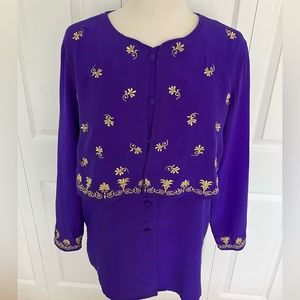 Diane Von Furstenberg 100% Silk+Gold Purple The Pines N. Collins Vtg Blouse Sz